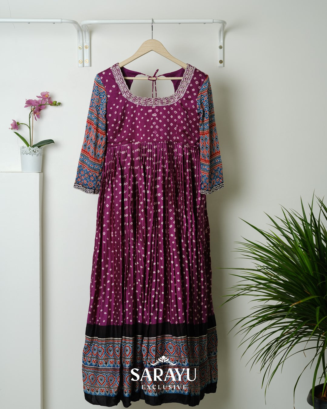 Magenta Pink Bandhini printed Pure Gaji Silk Long frock